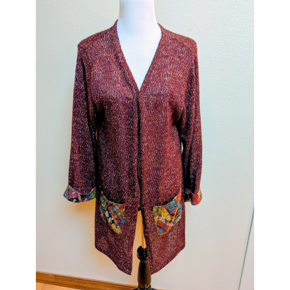 Yak & Yeti Long Open Cardigan Sweater | Multicolor Knit with Patchwork Pockets |